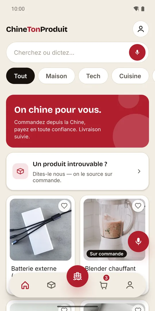 L'accueil de l'application : la recherche, les groupages en cours et le catalogue avec les prix.