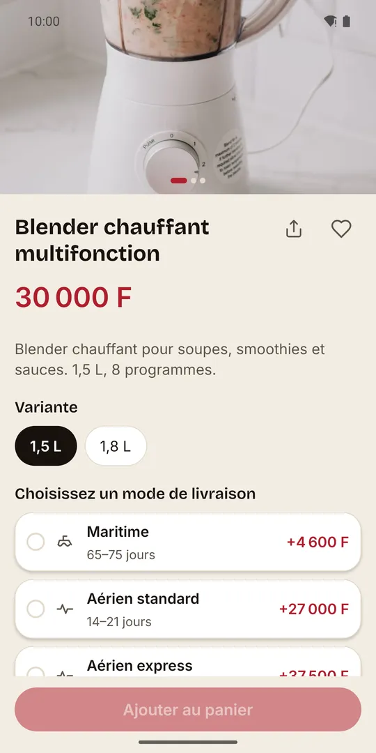 Une fiche produit sur commande : le prix est affiché transport compris.